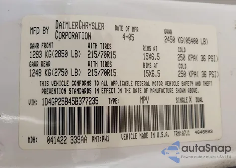 2005 Dodge Caravan Se z USA, uszkodzony, nr VIN 1D4GP25B45B377235